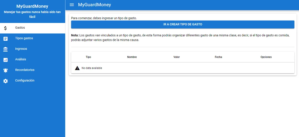 Captura de MyGuardmoney, proyecto en la trayectoria de John Martinez